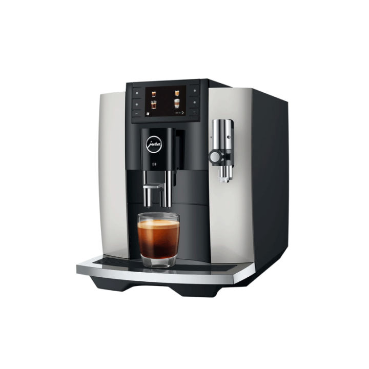 Jura E8 (EC) Platin Espressomaskine Inkl. Startpakke (DK sprog), Mælkebeholder, 3kg Rigtig Kaffe & Pleje