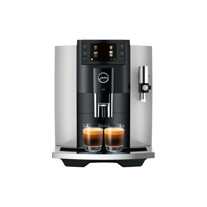 Jura E8 (EC) Platin Espressomaskine Inkl. Startpakke (DK sprog), Mælkebeholder, 3kg Rigtig Kaffe Super Crema & Pleje