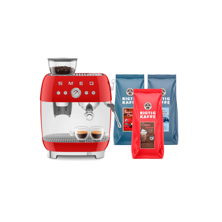 Smeg EGF03RDEU Manuel espressomaskine Inkl. Kværn Rød & Rigtig Kaffe Bestseller Mixpakke 3kg Hele kaffebønner