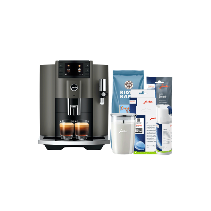 Jura E8 (EC) Dark Inox Espressomaskine Inkl. Startpakke (DK sprog), Mælkebeholder, Pleje & 1kg Rigtig Kaffe Dolce Crema