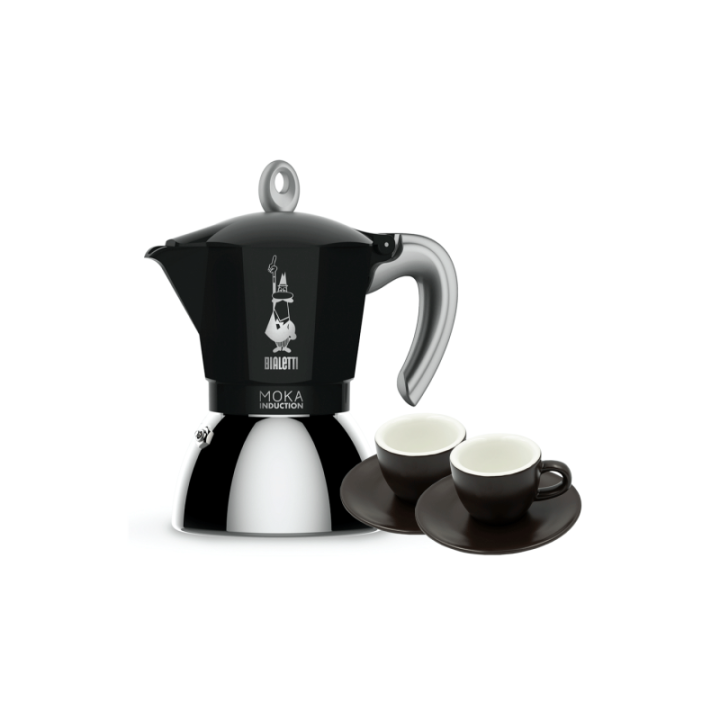 Bialetti Moka Induktion 6 Kop. Espressokande Sort Inkl. Club House Tulipano Espresso m. Underkop Mat Brun 7 cl 2 Stk
