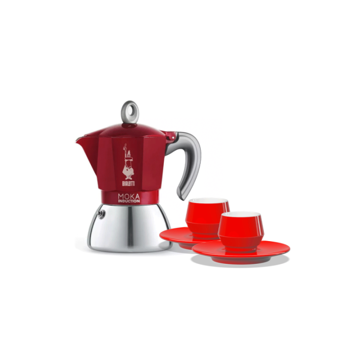 Bialetti Moka Induktion 4 Kop. Espressokande Rød Inkl. Club House Maniko Espresso m. Underkop Rød 7 cl 2 Stk