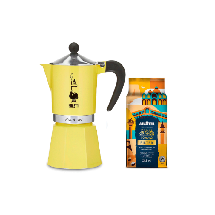 Bialetti Primavera Rainbow 6 Kop. Espressokande Gul Inkl. Lavazza Tales of Italy Canal Grande 226,8g Formalet kaffe