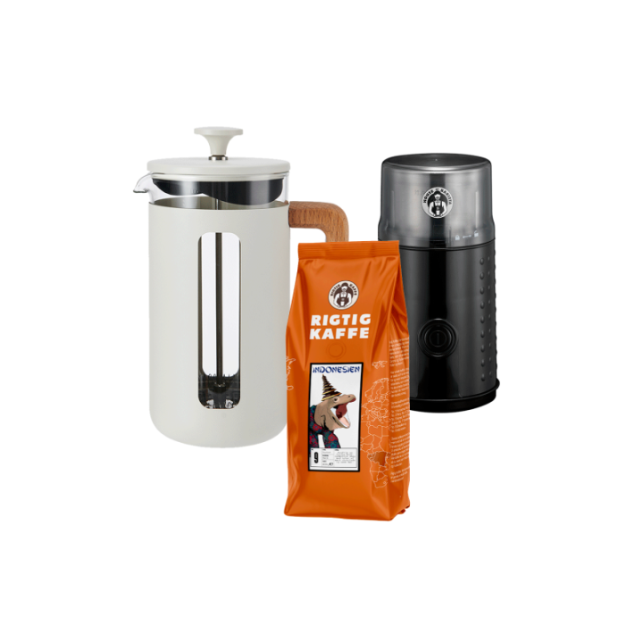 La Cafetière Pisa 8 Kop. Stempelkande Hvid Inkl. House of Barista Elektrisk Kaffemølle & 400g Rigtig Kaffe