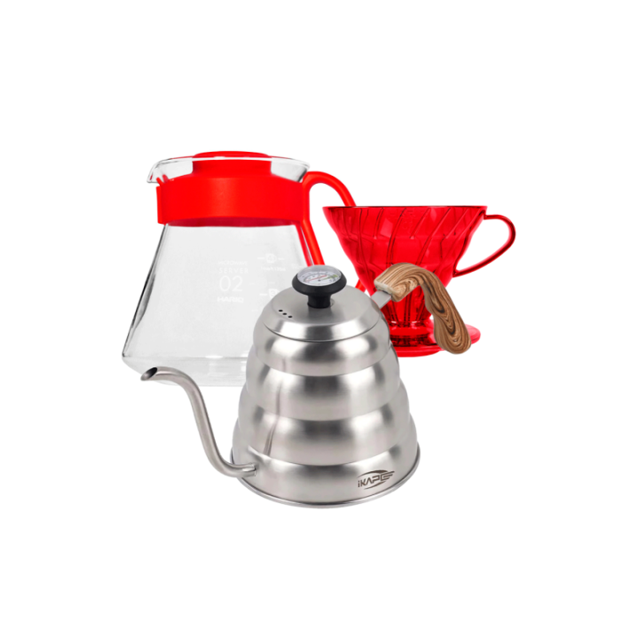 Hario V60 Filterbryg Sæt Rød Inkl. Range Server 0,6 L, Dripper 2 Kop., IKAPE Pour Over Kedel med Termometer 1,2 L & Filtre