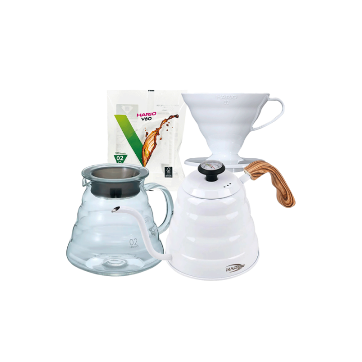 IKAPE Pour Over Kedel med Termometer 1,2 L Hvid Inkl. Hario V60 Range Server 60 cl, V60 Dripper Hvid 2 Kop. & Filtre