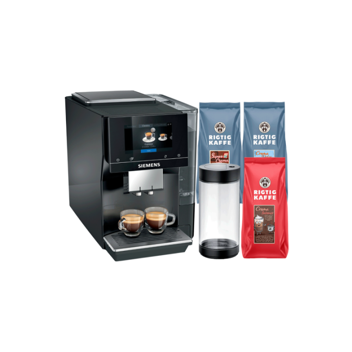 Siemens TP713R19 EQ700 Classic Piano Sort Espressomaskine Inkl. Mælkebeholder Glas & Rigtig Kaffe Mixpakke 3kg Hele kaffebønner